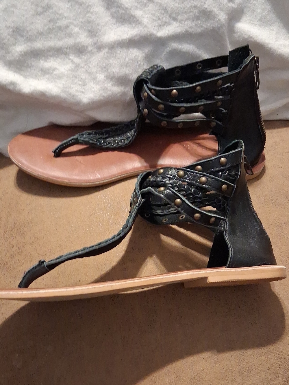 Roper Black Braided Gladiator Ankle-Zip Sandals with Bronze Studs